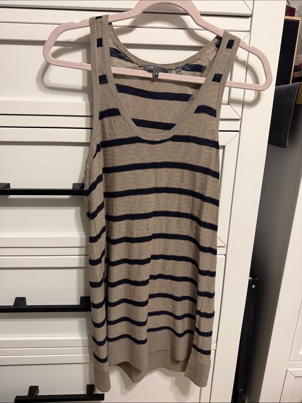VINCE. Taupe and Navy Striped 100% Cotton Knit Tank
